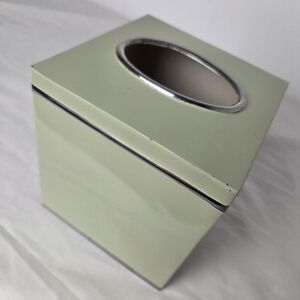 Vntg Celadon Green Enamel Tissue Box Cover Sage Chrome Mid Century Vanity Silver